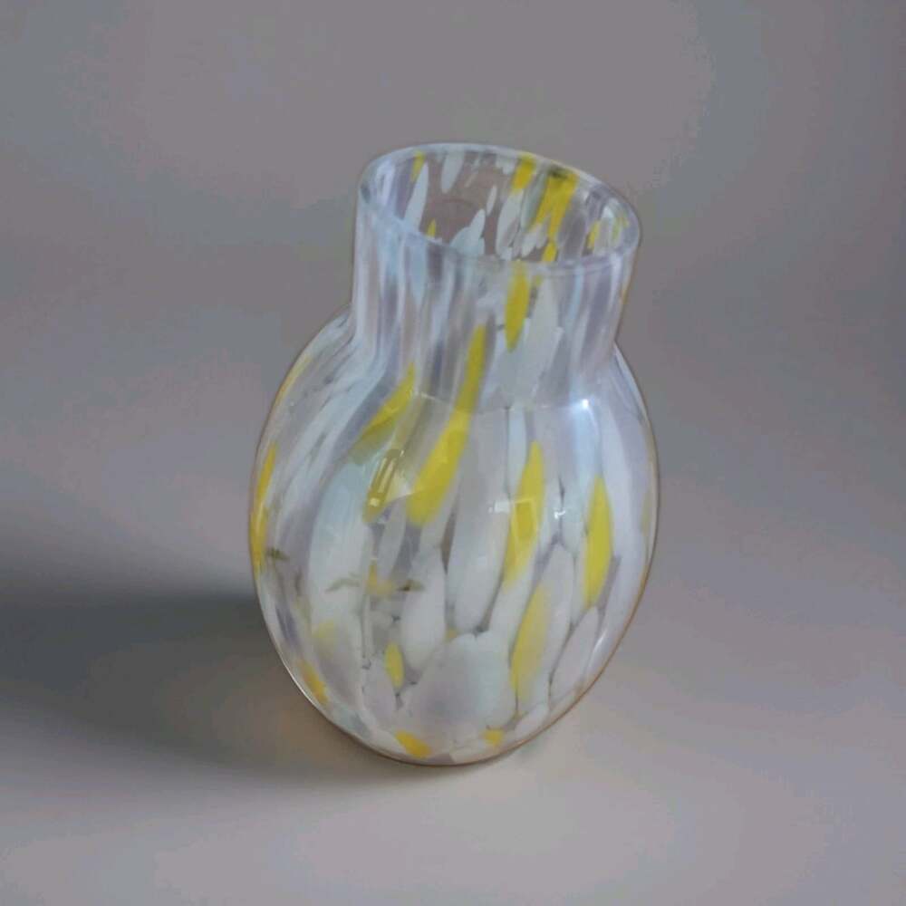 Glass Vase Hand Blown Rounded Multicolored White Yellow Abstract Flecks 8" Tall